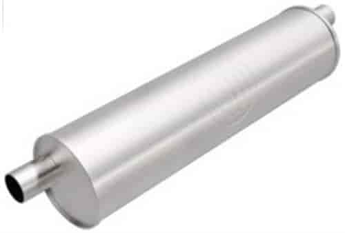 6" Round Body Universal Muffler Offset In/Offset Out - Same Side: 2.25"/2.25" Body Length: 23" Overall Length: 30"