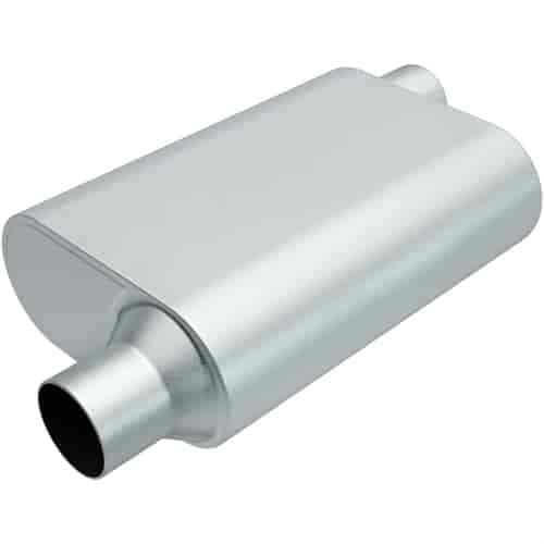 Rumble Chamber Muffler Offset In/Offset Out: 2"/2" Body Length: 13" Overall Length: 19"