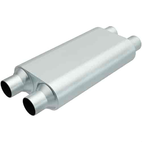 Rumble Chamber Muffler Dual In/Dual Out: 2.5"/2.25" Body Length: 17" Overall Length: 23"