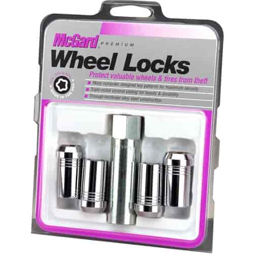Locking Lug Nuts - Chrome Cone Seat-Tuner Style Thread Size: M14 x 1.50 Key Hex Size: 22mm Includes 4 Lug Nuts and 1 Key