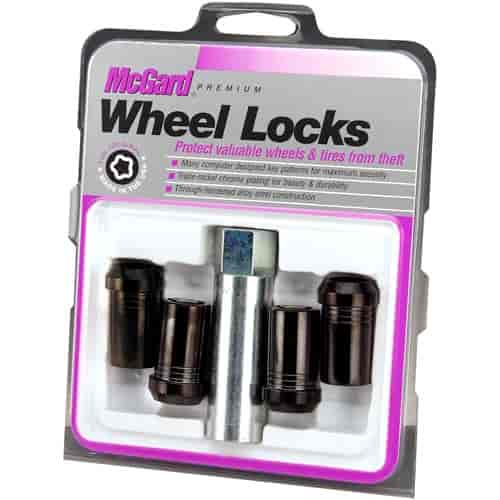 Locking Lug Nuts - Chrome/Black Cone Seat-Tuner Style Thread Size: 1/2"-20 Key Hex Size: 13/16" Includes 4 Lug Nuts and 1 Key