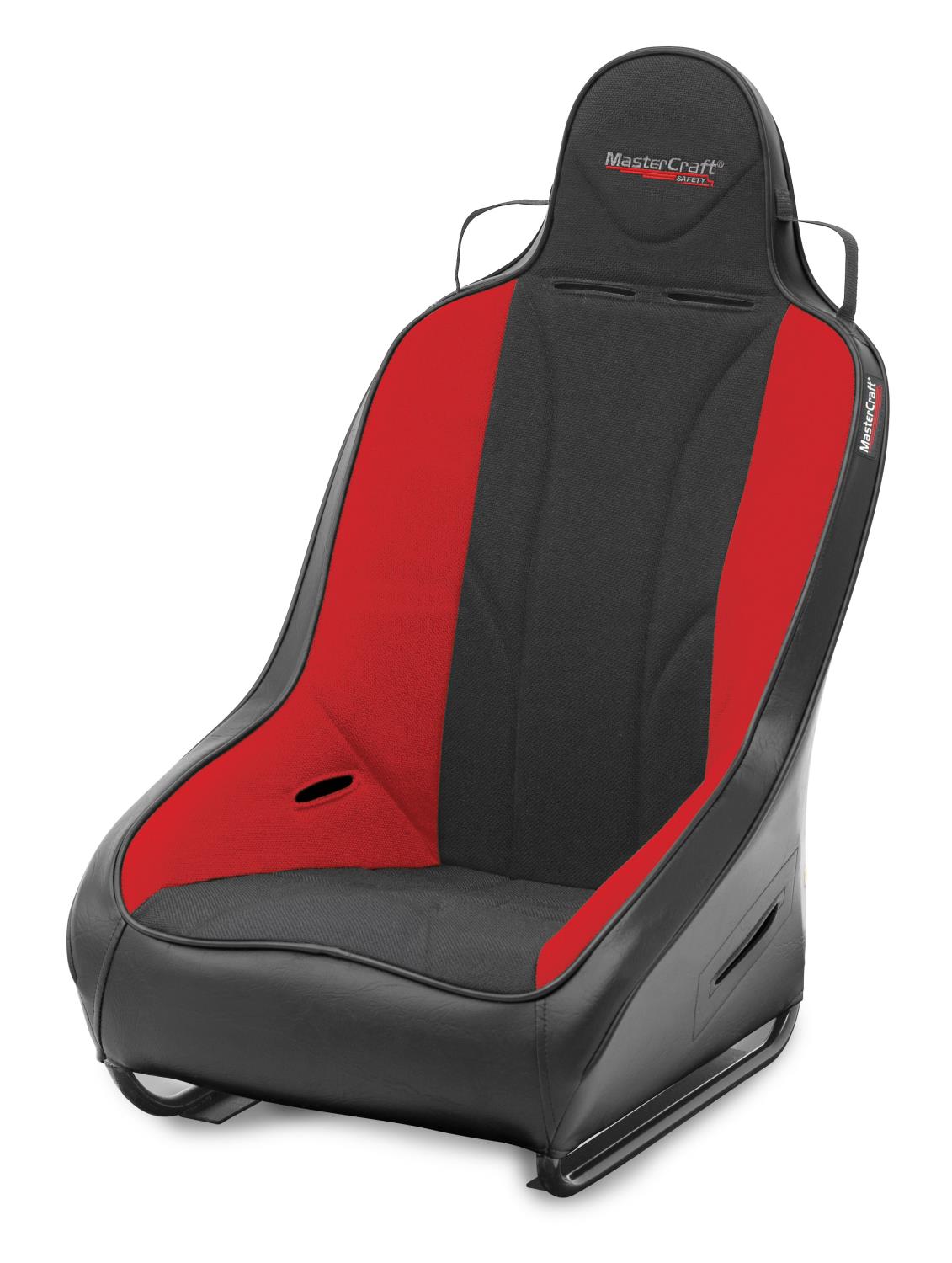560112 1 in. WIDER PROSeat w/Fixed Headrest, Black with Black Fabric Center and Red Side Panels, Black Band w/BRS Stitch Pattern