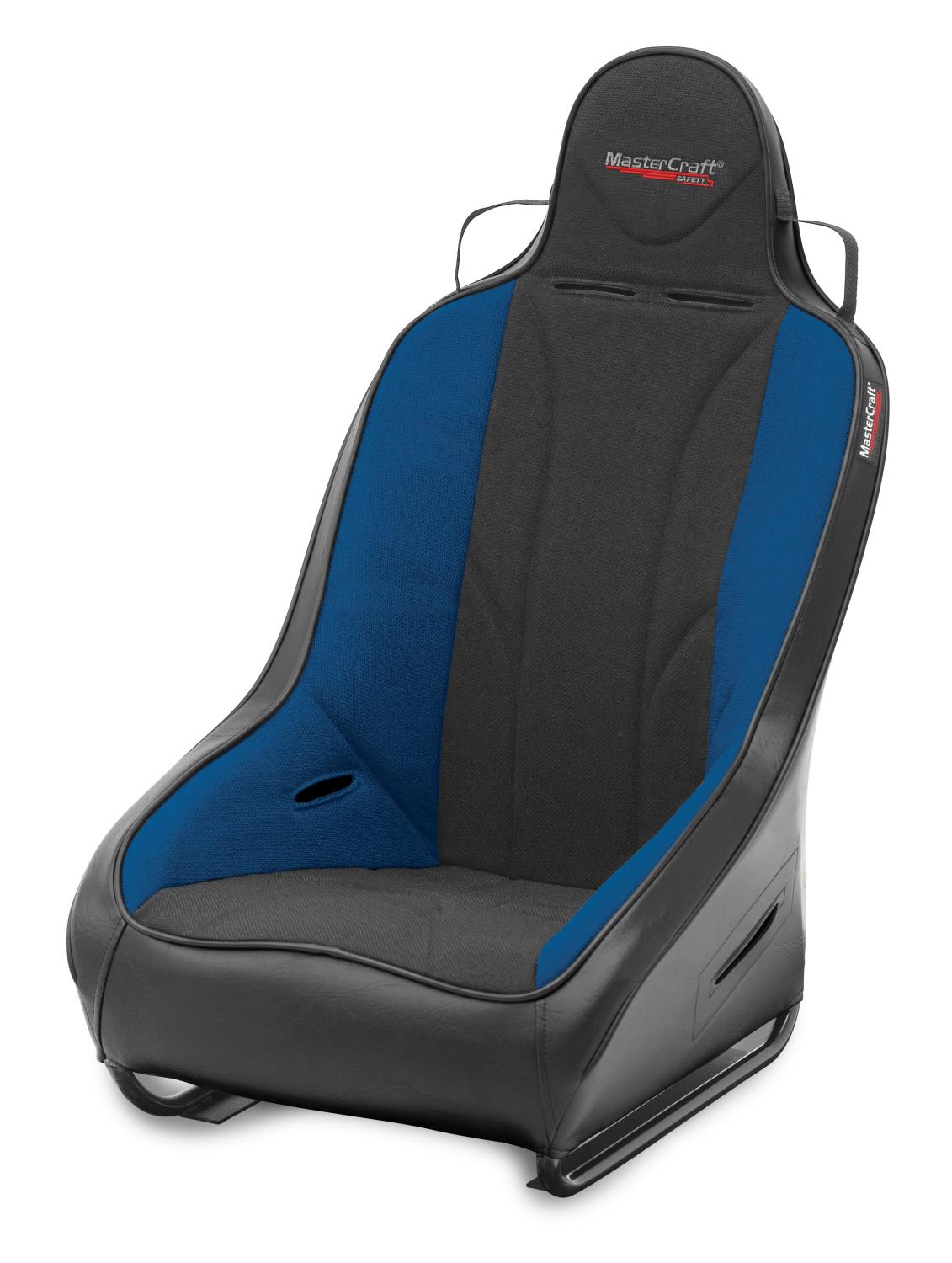 560113 1 in. WIDER PROSeat w/Fixed Headrest, Black w/ Black Fabric Center and Blue Side Panels, Black Band w/BRS Stitch