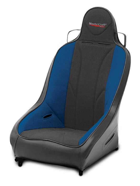 564113 1 in. WIDER PRO 4 Seat w/Fixed Headrest, Black with Black Fabric Center and Blue Side Panels, Black Band w/BRS Stitch