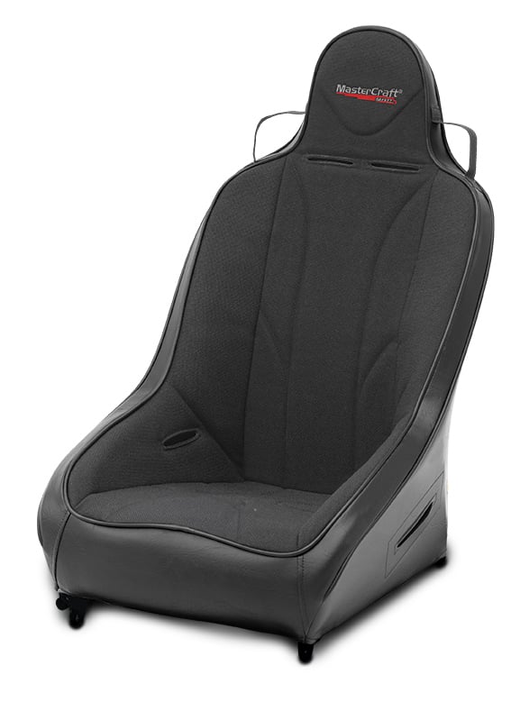 564214 2 in. WIDER PRO 4 Seat w/Fixed Headrest, Black with Black Fabric Center and Side Panels, Black Band w/BRS Stitch Pattern