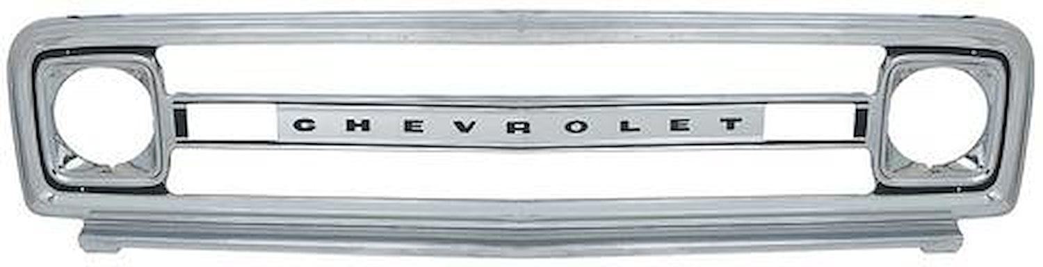 153470 Outer Grill Shell 1969-70 Chevy Pickup, Blazer, Suburban; with CHEVROLET Lettering; Polished Chrome