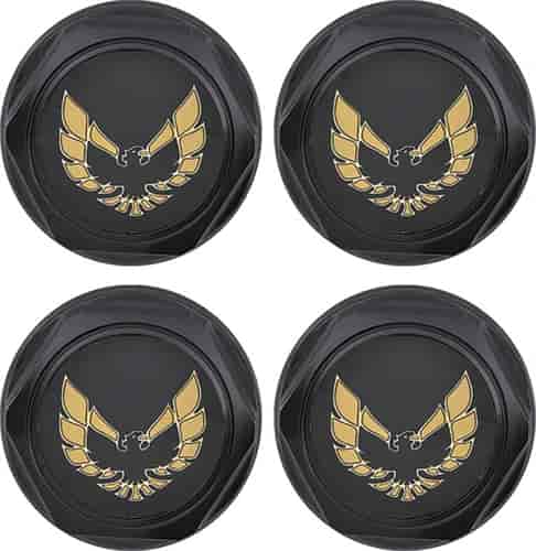 881158 Wheel Center Cap Set 1977-81 Firebird; Flat Black w/ Early Gold Bird Emblem & Metal Clips (4 pc)