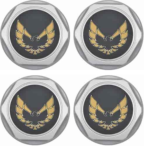 881172 Wheel Center Cap Set 1977-81 Firebird; Silver with Early Gold Bird Emblem & Metal Clips (4 pc)