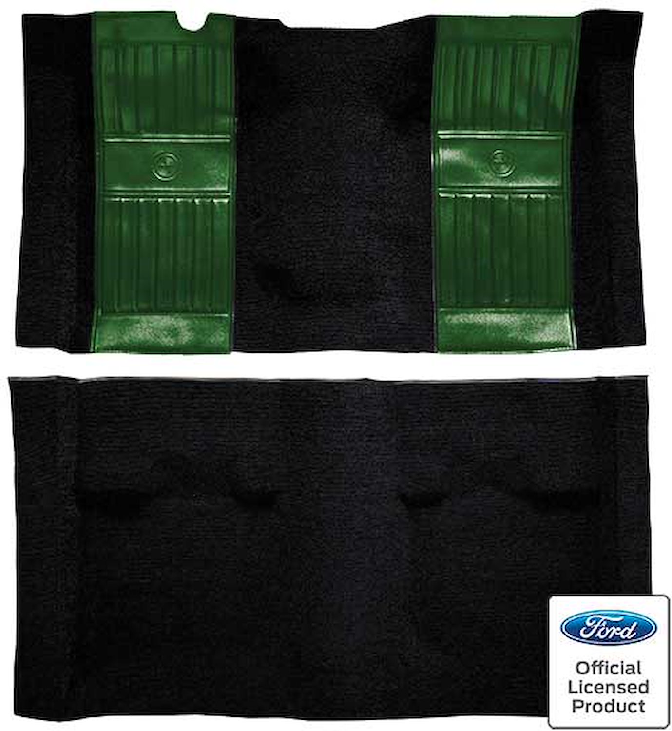 A4117A39 Passenger Area Nylon Loop Floor Carpet 1971-73 Mustang Mach 1; Black With Green Pony Inserts