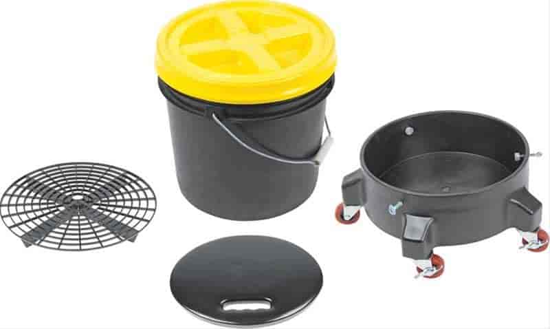 K89742 Grit Guard Deluxe Wash System 3.5 Gallon Black Pail With Yellow Lid; Dolly and Seat Cushion