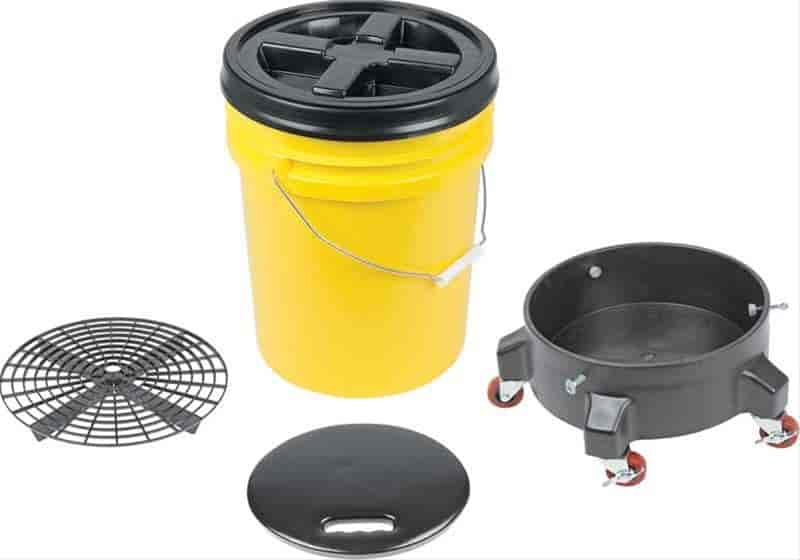 K89743 Grit Guard Deluxe Wash System 5 Gallon Yellow Pail With Black Lid; Dolly and Seat Cushion