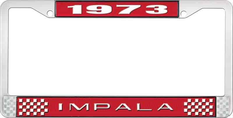1973 Impala Red And Chrome License Plate Frame With White Lettering