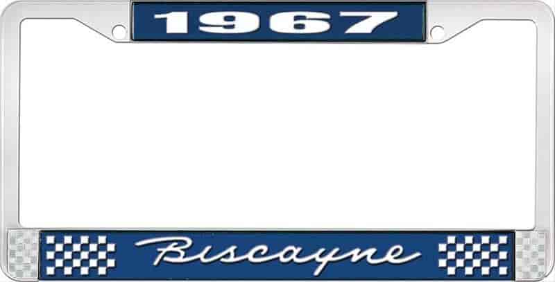 1967 Biscayne Blue And Chrome License Plate Frame With White Lettering