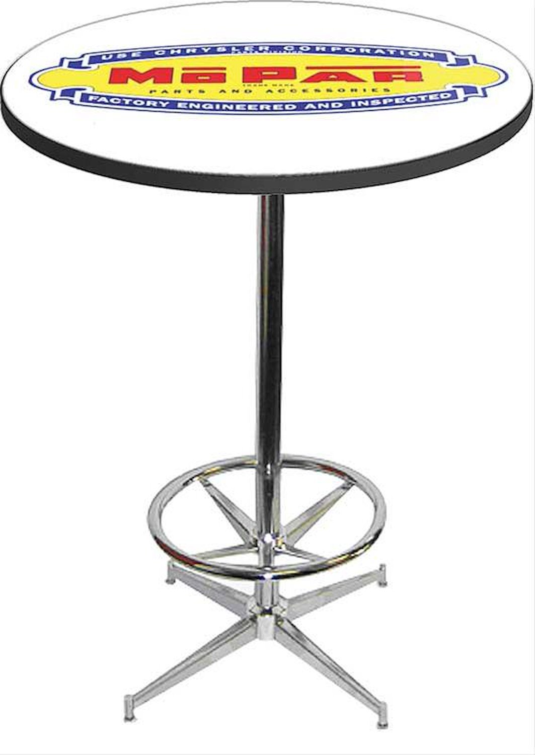 MD673101 Pub Table With Chrome Base And Foot Rest 1948-53 Style Mopar parts And Accessories Logo Pub Table With Chrome Base And