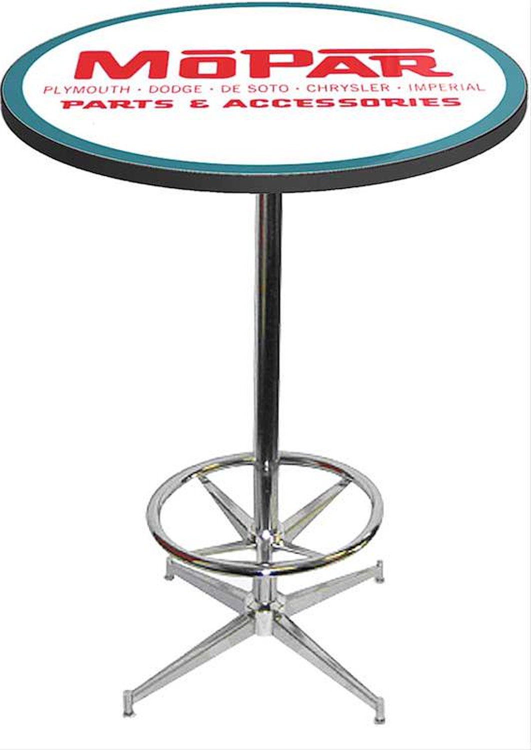 MD673105 Pub Table With Chrome Base And Foot Rest 1948-53 Style Mopar parts And Accessories Logo Pub Table With Chrome Base And