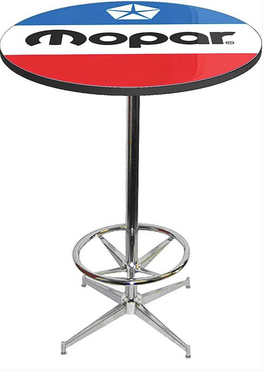 MD673107 Pub Table With Chrome Base And Foot Rest 1972-84 Style Red White And Blue Mopar Logo Pub Table With Chrome Base And Foo