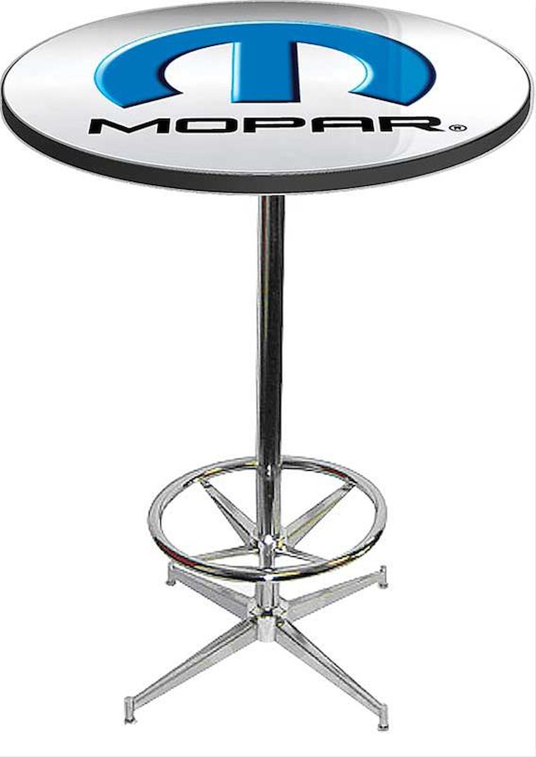 MD673108 Pub Table With Chrome Base And Foot Rest 2001-13 Style Mopar Omega Logo Pub Table With Chrome Base And Foot Rest