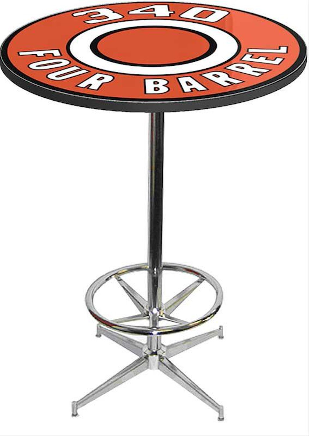 MD673110 Pub Table With Chrome Base And Foot Rest Mopar 340 Four Barrel Logo Pub Table With Chrome Base And Foot Rest
