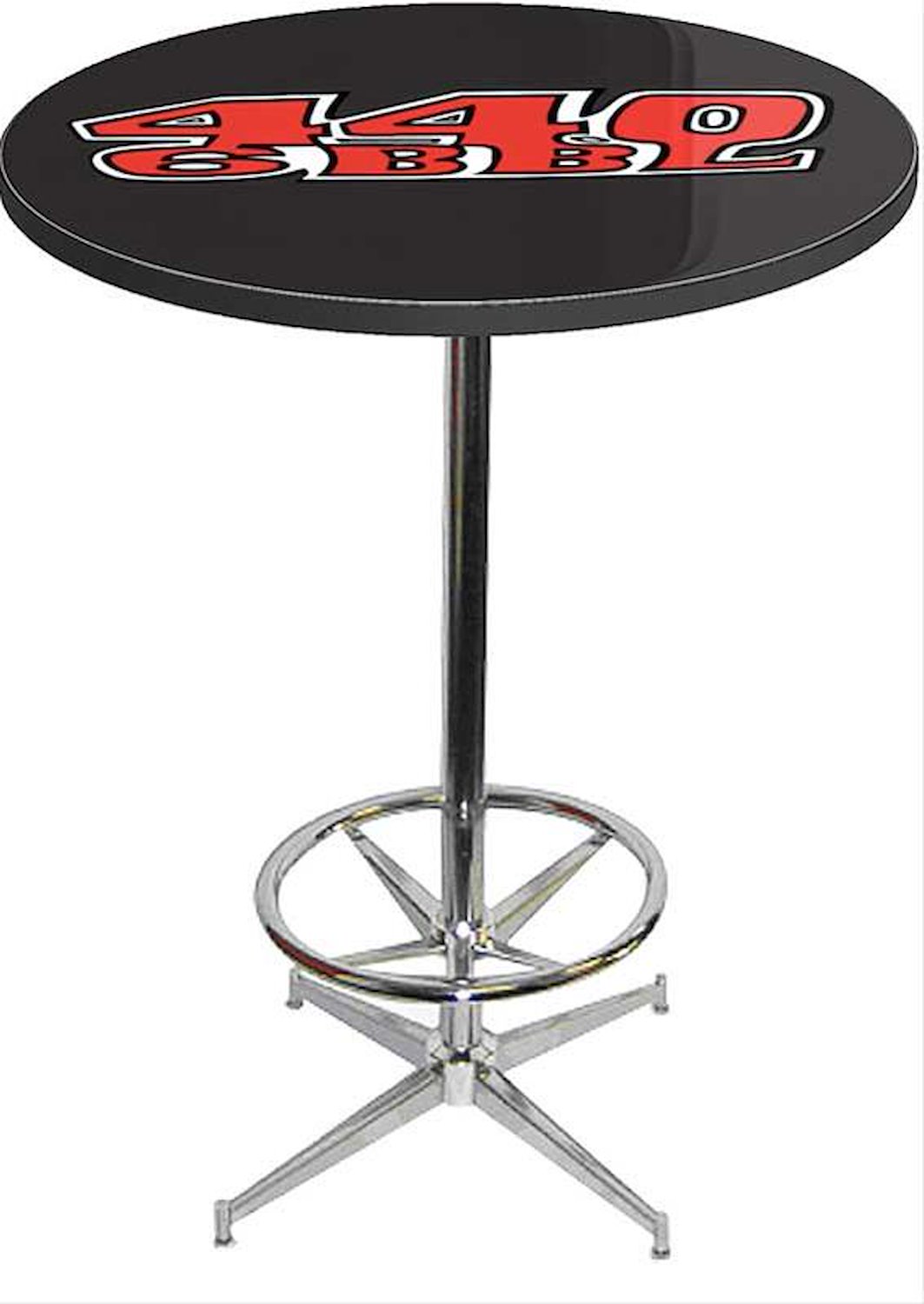 MD673112 Pub Table With Chrome Base And Foot Rest Mopar 440 6 Bbl Logo Pub Table With Chrome Base And Foot Rest