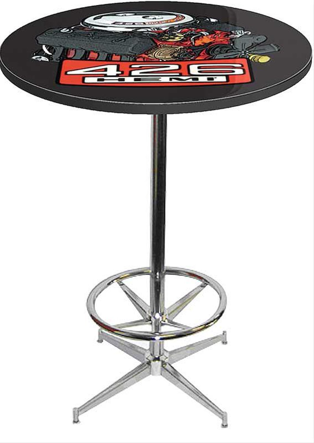 MD673113 Pub Table With Chrome Base And Foot Rest Mopar 426 Hemi Logo Pub Table With Chrome Base And Foot Rest