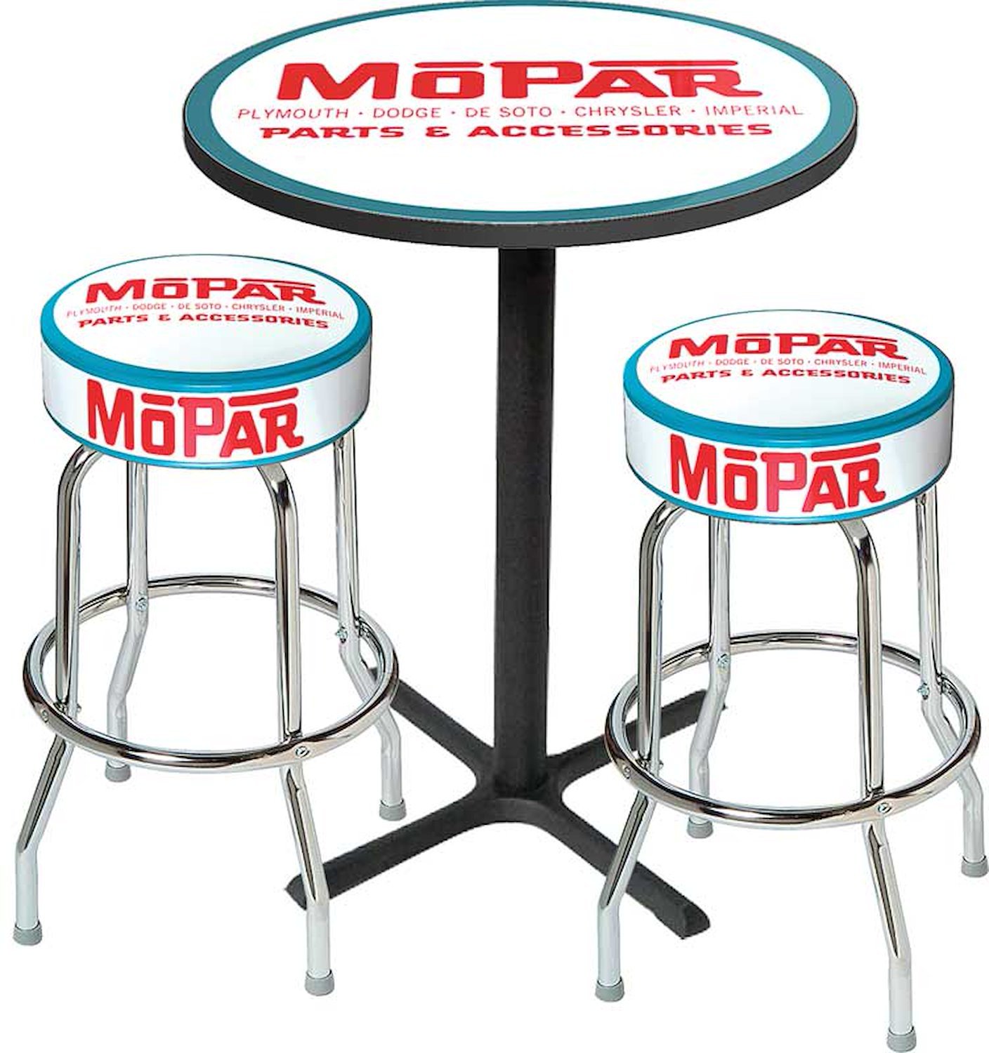 MD67505 Pub Table & Stool Set Mopar Logo; Black Base Table With 2 Chrome Stools (3-Pc); Style 5