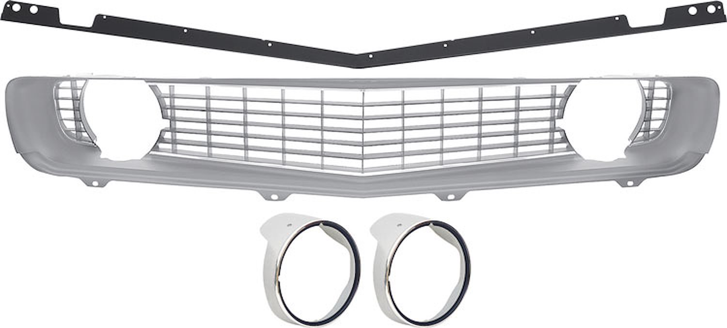 R5028H Full Grill Kit 1969 Camaro Standard; Silver Headlamp Bezels; With Chrome Rings; Silver Grill