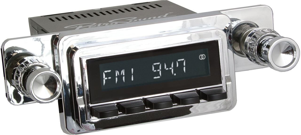 HCB-M2-125-04-74 Motor 2B Radio w/Chrome Face, Black Pushbuttons & Installation Bezel & Knobs Kit, 1964 Ford Mustang