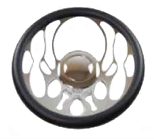 14 POLISHED BILLET FLAMED STYLE STEERING WHEEL WITH LEATHER GRIP