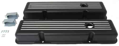 BLACK ALUMINUM SB CHEVY SHORT VALVE COVER - BALL MILLED WITH HOLE / BAFFLED