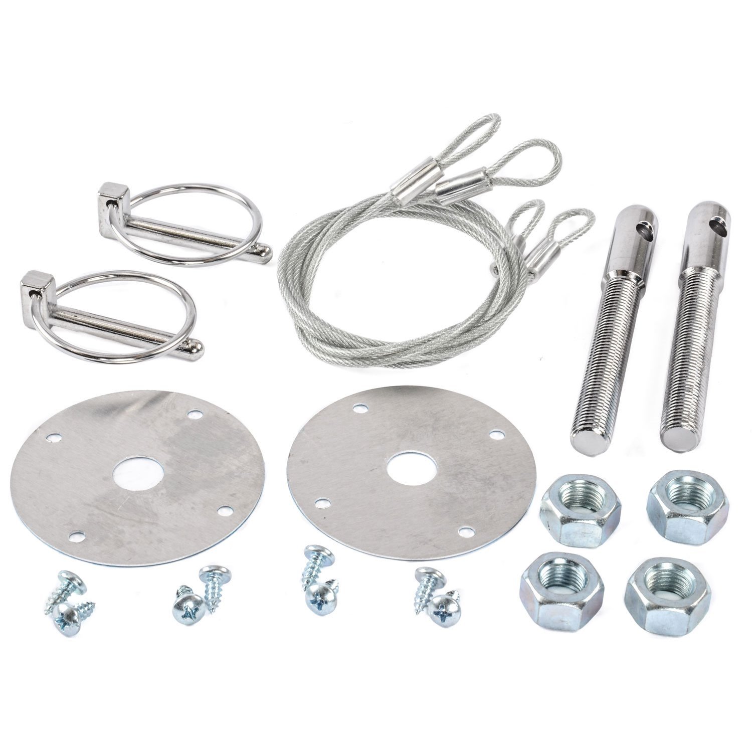 Super Stock Hood Pin Kit with Torsion Clips Chrome Plated Scuff Plates