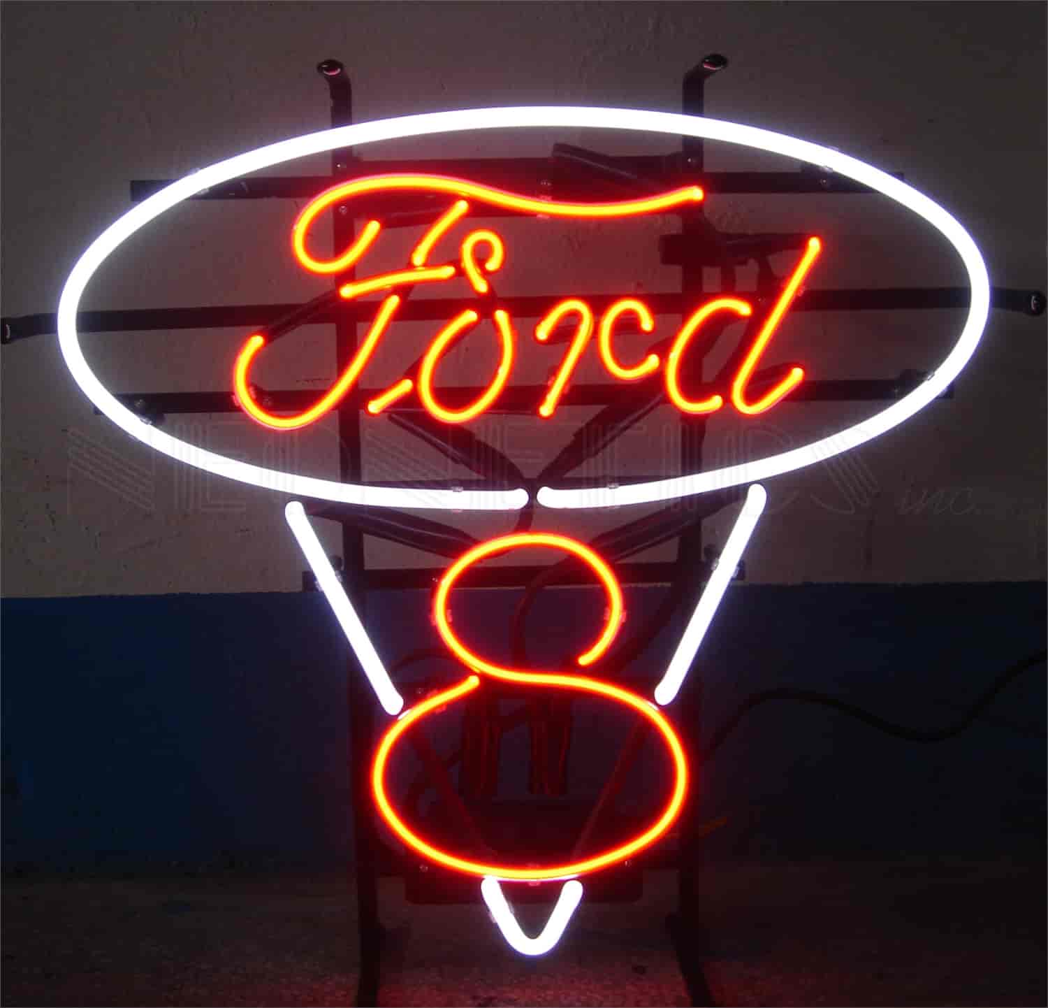 Ford V8 Red And White Neon Sign On Metal Grid