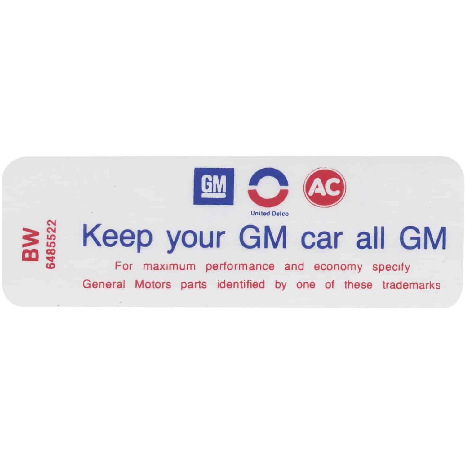 Decal 70 Riviera Air Cleaner 455 4bbl Keep Your GM Car All GM BW 6485522