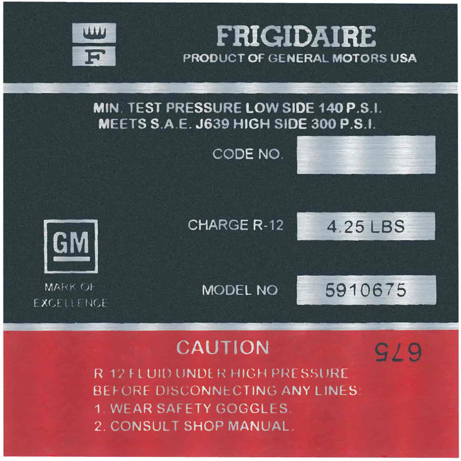 A/C Compressor Decal Fits Select 1967 GM Models [Model #: 5910675, Red/Black]