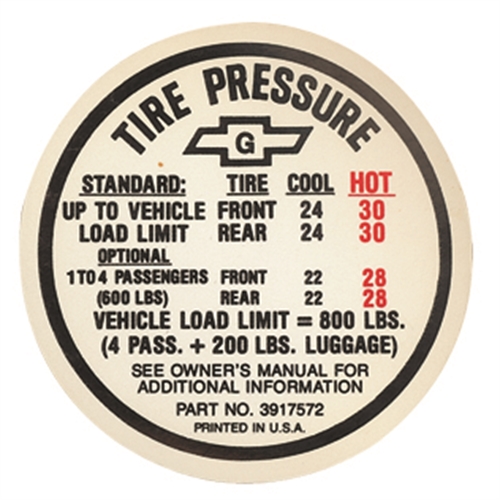 Decal 67 Chevelle Tire Pressure w/ AC