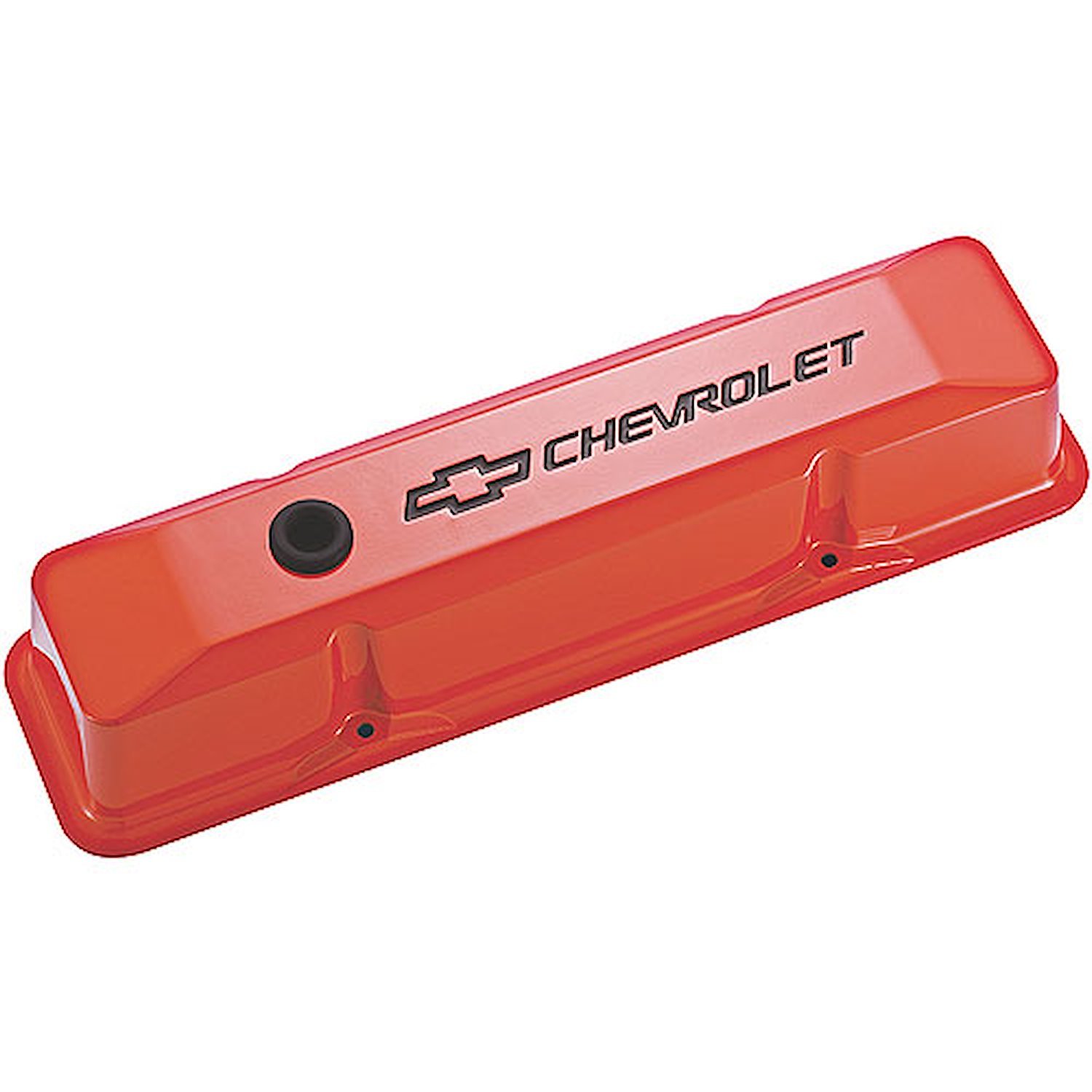 Die-Cast Aluminum Tall Valve Covers for 1958-1986 Small Block Chevy with Chevrolet/Bowtie Recessed Emblem in Chevy Orange Finish