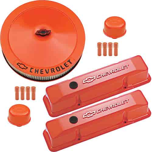 Die-Cast Aluminum Valve Cover Dress-Up Kit for 1958-1986 Small Block Chevy in Chevy Orange Finish