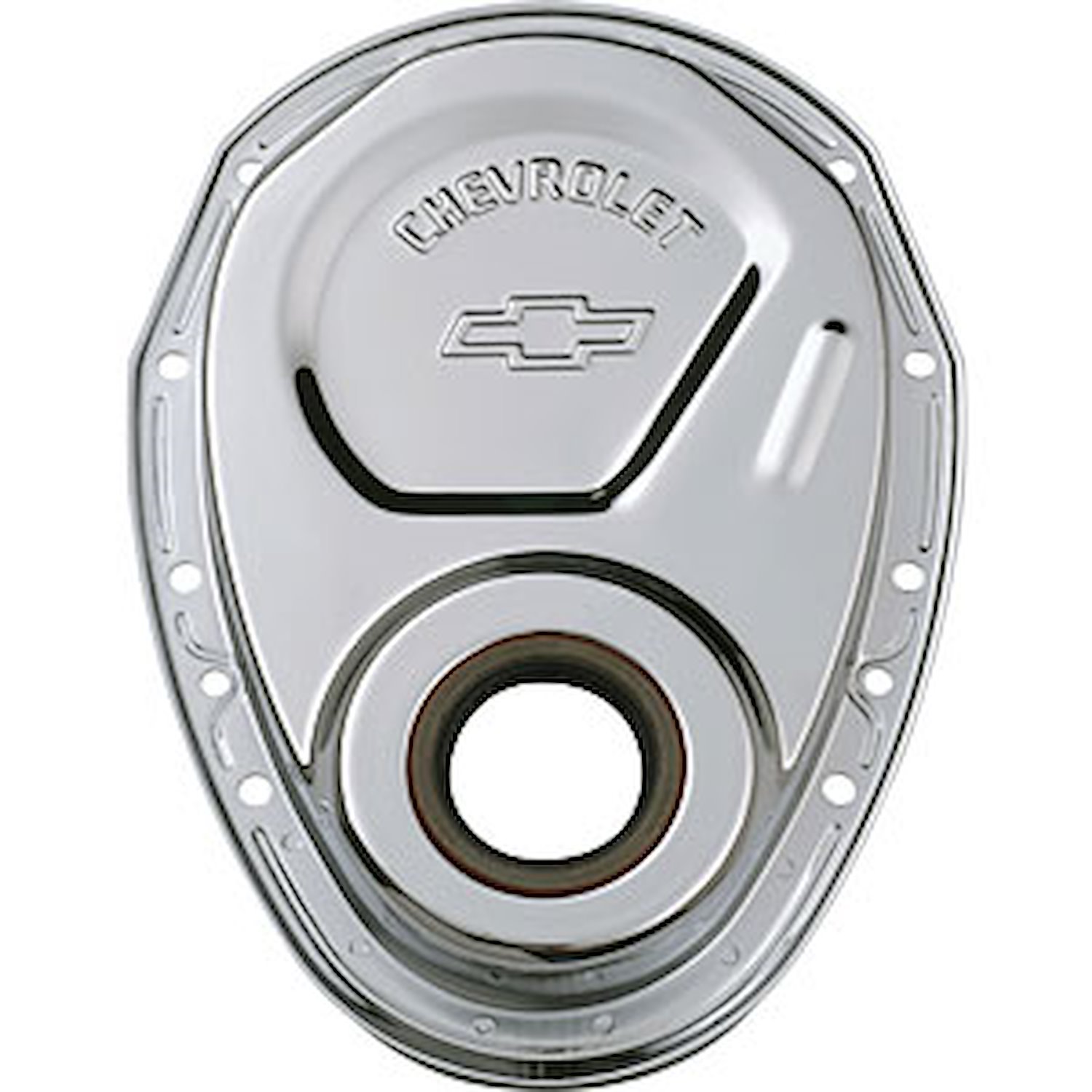 Small Block Chevy Timing Chain Cover with Embossed Bowtie & Chevrolet Emblem in Chrome Finish