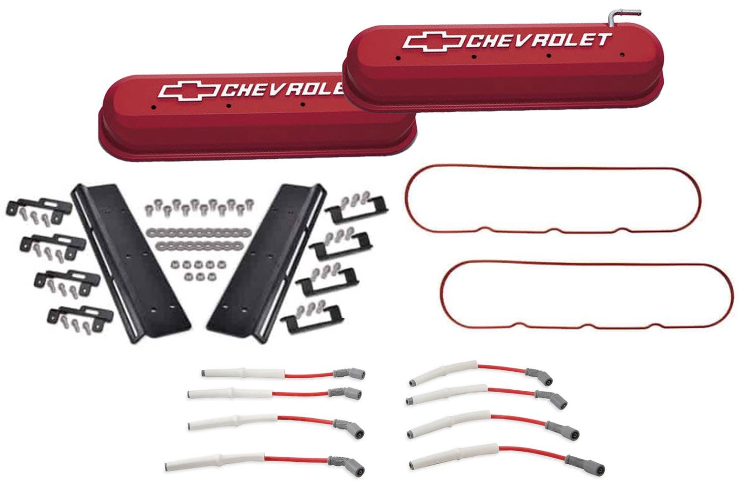 141-267 Die-Cast Slant-Edge Valve Cover Kit for GM Gen III/IV LS Engines w/Raised Chevrolet Logo for LS1/LS6 Coils [Red]