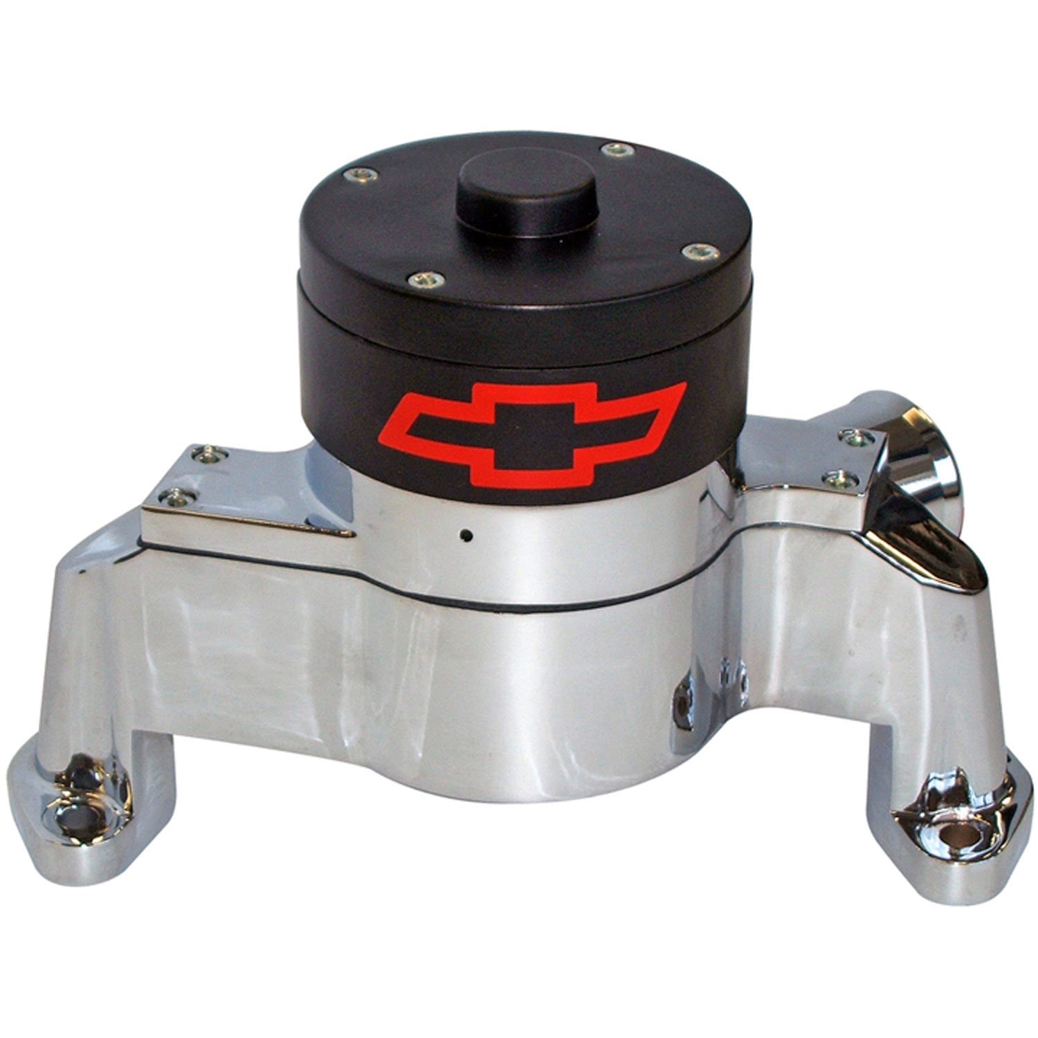 Electric Water Pump for Small Block Chevy with Red Bowtie in Chrome Epoxy Powder Coated Finish