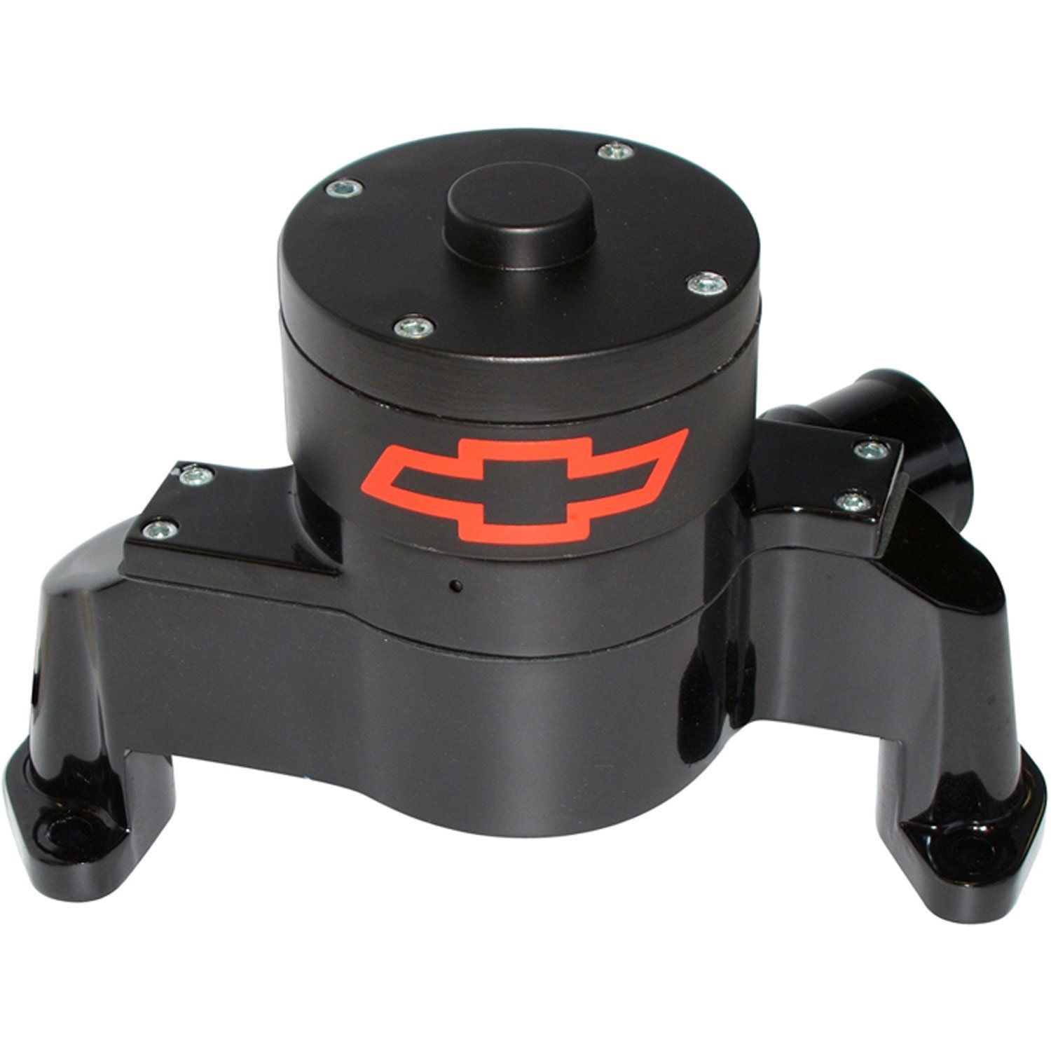 Electric Water Pump for Small Block Chevy with Red Bowtie in Black Epoxy Powder Coated Finish