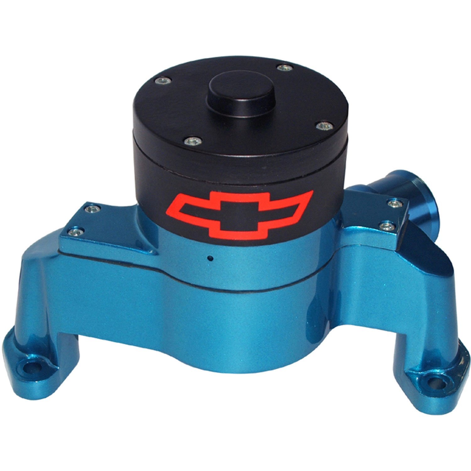 Electric Water Pump for Small Block Chevy with Red Bowtie in Blue Epoxy Powder Coated Finish