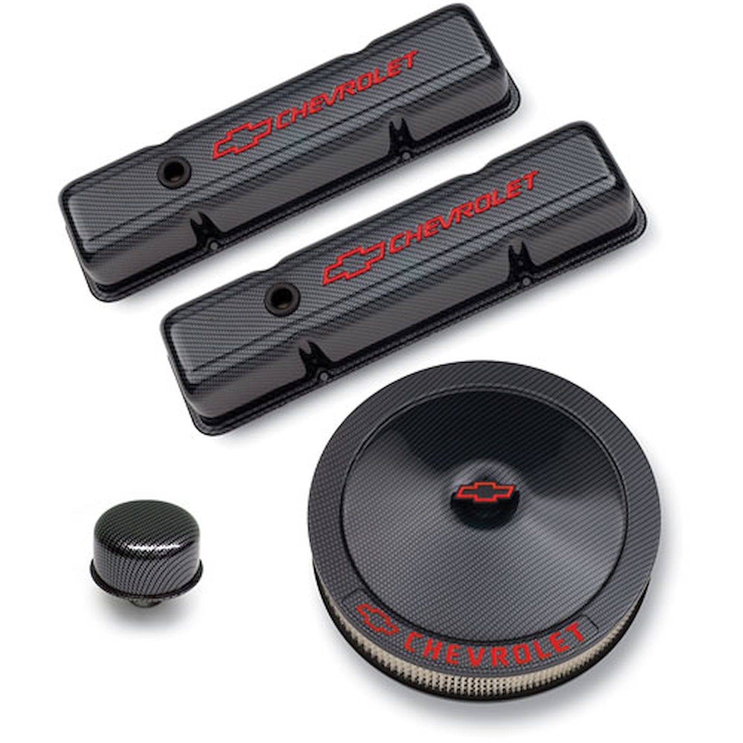 Carbon Style Dress-Up Kit with Red Emblems for 1958-1986 Small Block Chevy