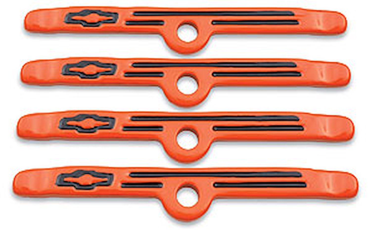 Bowtie Valve Cover Hold-Down Clamps for 1958-1986 Small Block Chevy & V6/90 in Chevy Orange Finish with Black Emblem