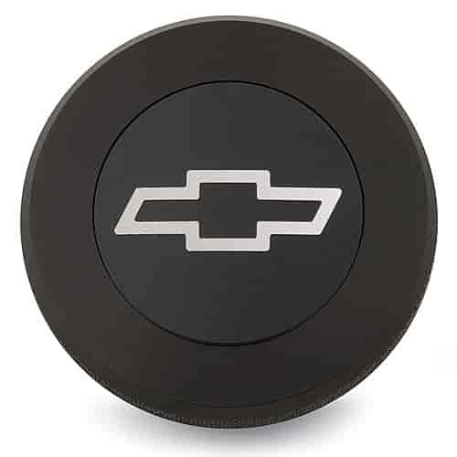 Billet Aluminum Chevy Bowtie Radiator Cap with Embossed Logo and Knurled Edge in Anodized Black Finish