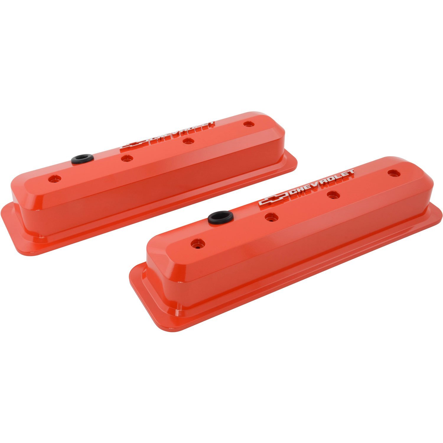 Die-Cast Slant-Edge Valve Covers for 1987-Up Small Block Chevy with Chevrolet/Bowtie Raised Emblem in Chevy Orange Finish