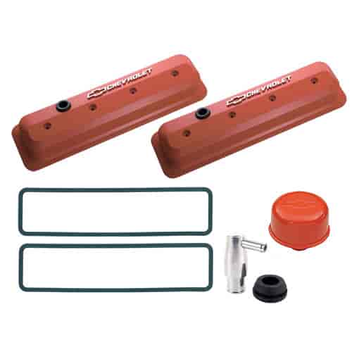 1987-Up Small Block Chevy Die-Cast Slant-Edge Center Bolt Valve Cover Kit with Raised Emblems in Chevy Orange