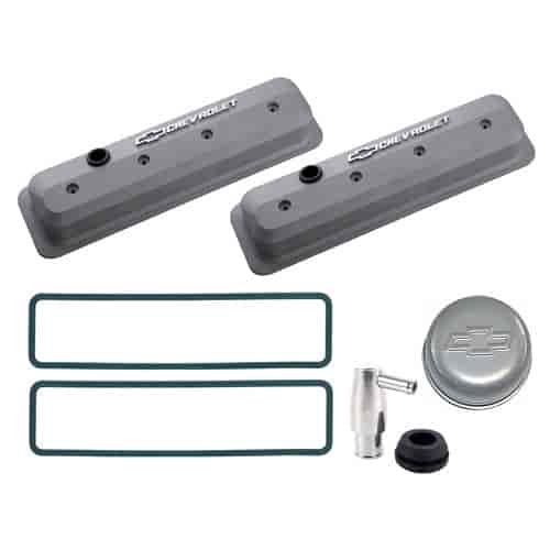 1987-Up Small Block Chevy Die-Cast Slant-Edge Center Bolt Valve Cover Kit with Raised Emblems in Cast Gray Crinkle