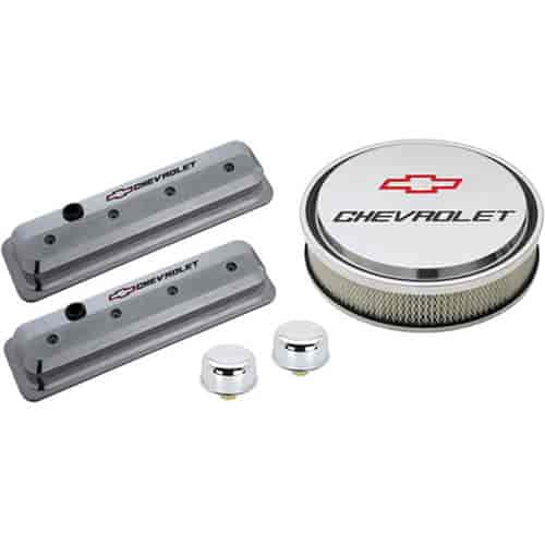 1987-Up Small Block Chevy Die-Cast Slant-Edge Center Bolt Valve Cover Kit with Recessed Emblems in Polished Finish