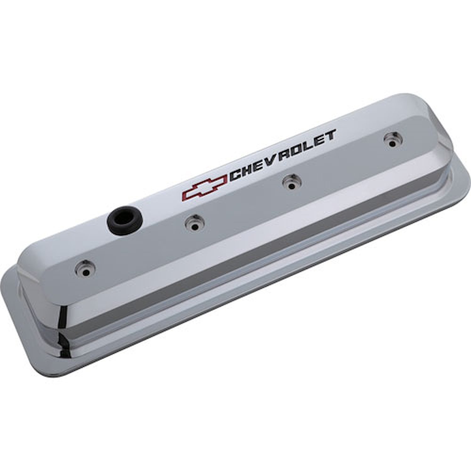 Die-Cast Slant-Edge Valve Covers for 1987-Up Small Block Chevy with Chevrolet/Bowtie Recessed Emblem in Chrome Finish
