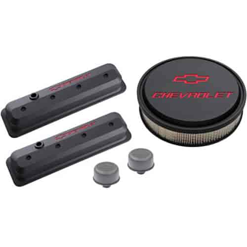 1987-Up Small Block Chevy Die-Cast Slant-Edge Center Bolt Valve Cover Kit with Recessed Emblems in Black Crinkle Finish